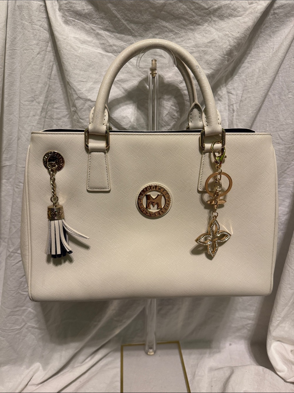 Structured Cream Satchel with Gold Accent Charms